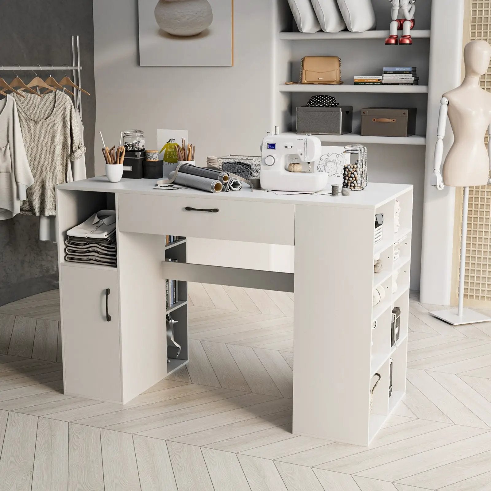 Counter Height Sewing Craft Table Computer Desk with Adjustable Shelves and Drawer-White by DirectDeals