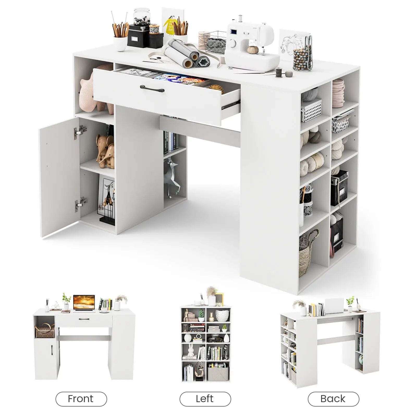 Counter Height Sewing Craft Table Computer Desk with Adjustable Shelves and Drawer-White by DirectDeals