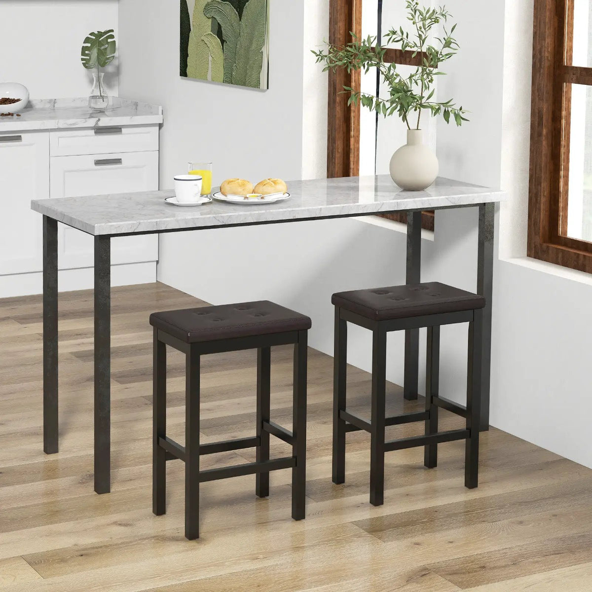 24 Inch Bar Stools with Padded Seat Footrest and Rubber Wood Frame, photo 2 of 9