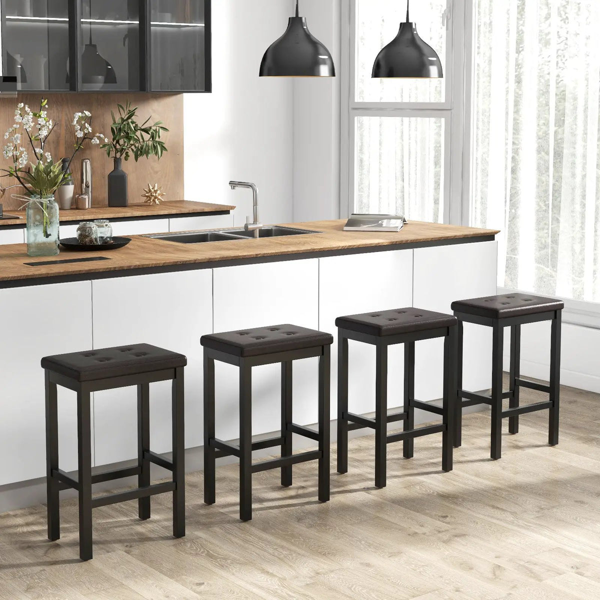 24 Inch Bar Stools with Padded Seat Footrest and Rubber Wood Frame, photo 5 of 9