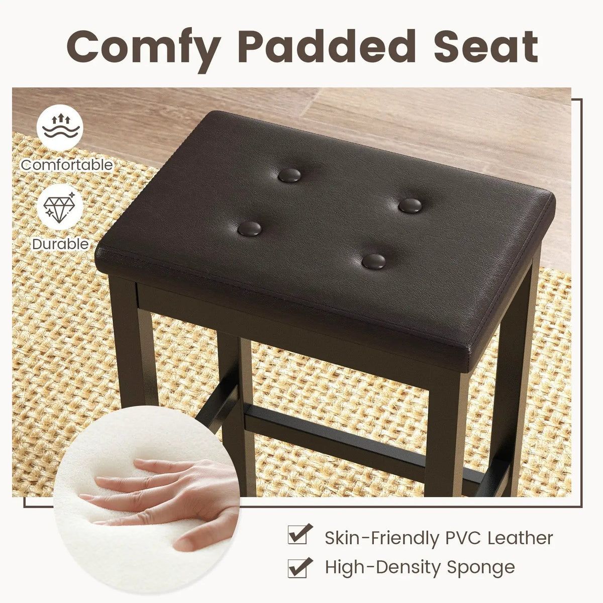 24 Inch Bar Stools with Padded Seat Footrest and Rubber Wood Frame, photo 6 of 9
