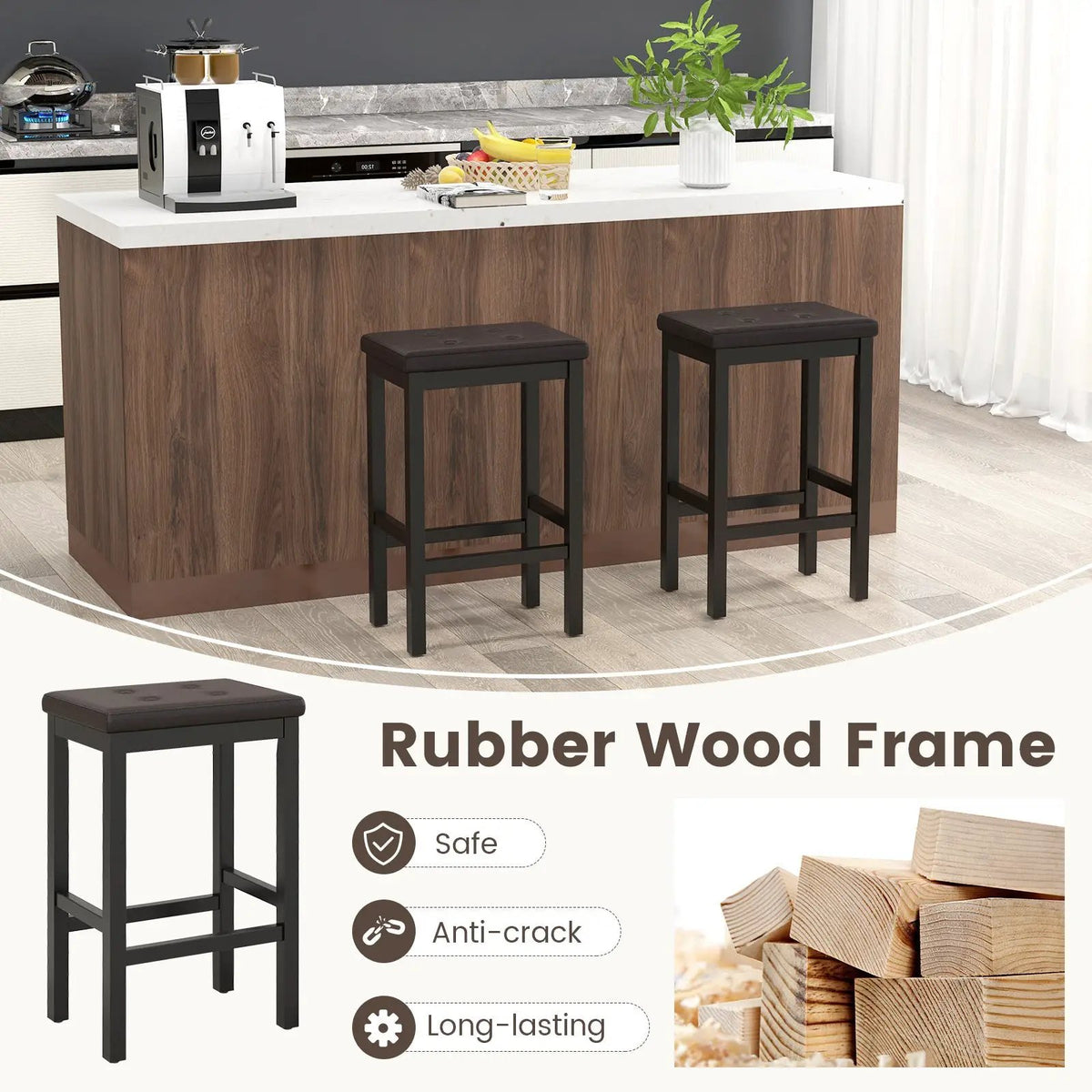 24 Inch Bar Stools with Padded Seat Footrest and Rubber Wood Frame, photo 7 of 9