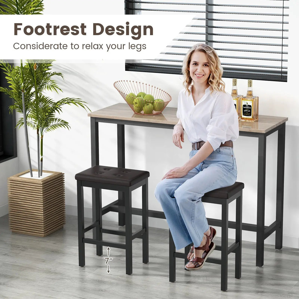 24 Inch Bar Stools with Padded Seat Footrest and Rubber Wood Frame, photo 8 of 9