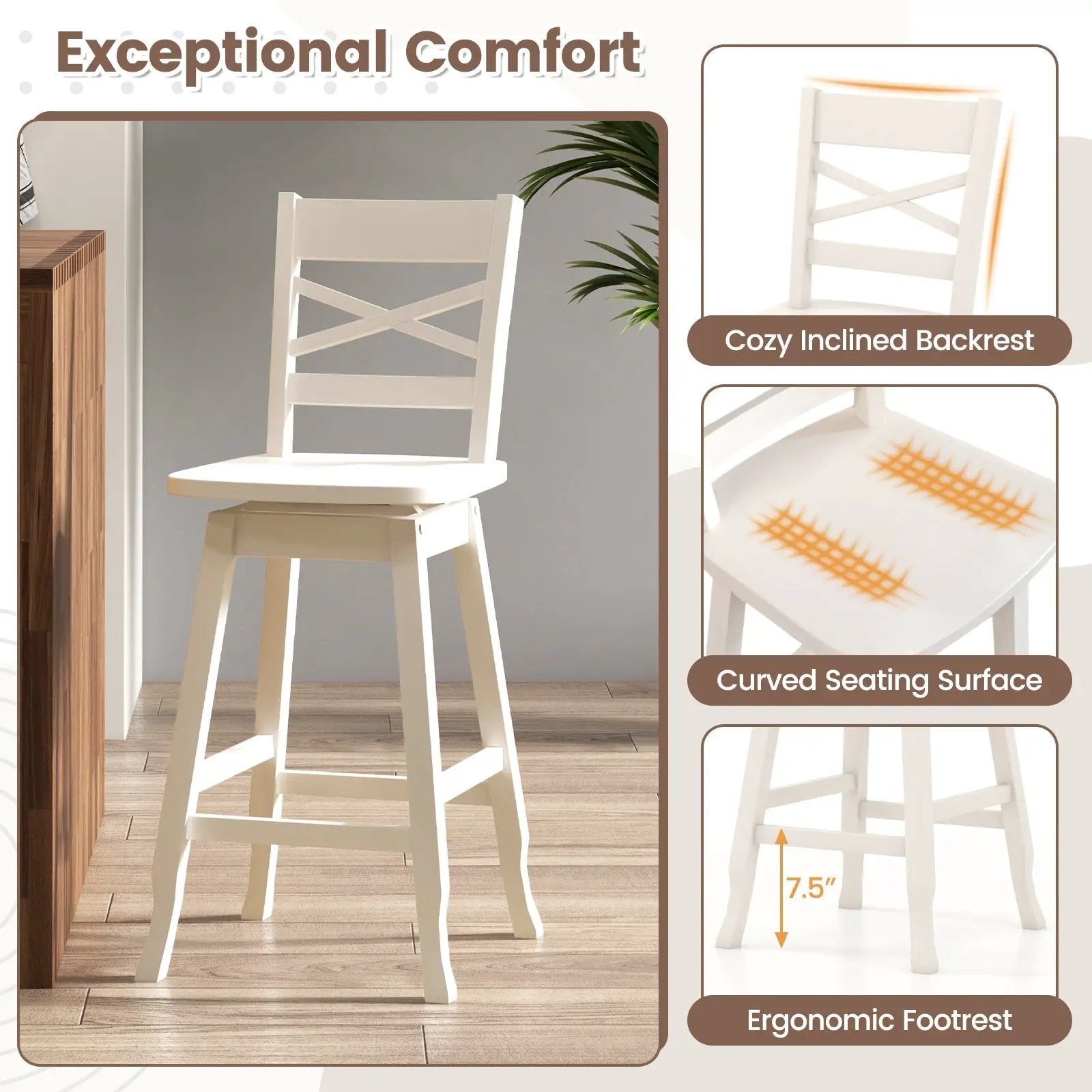 Swivel 24-Inch Counter Height Stool Set of 2 with Inclined Backrest by DirectDeals