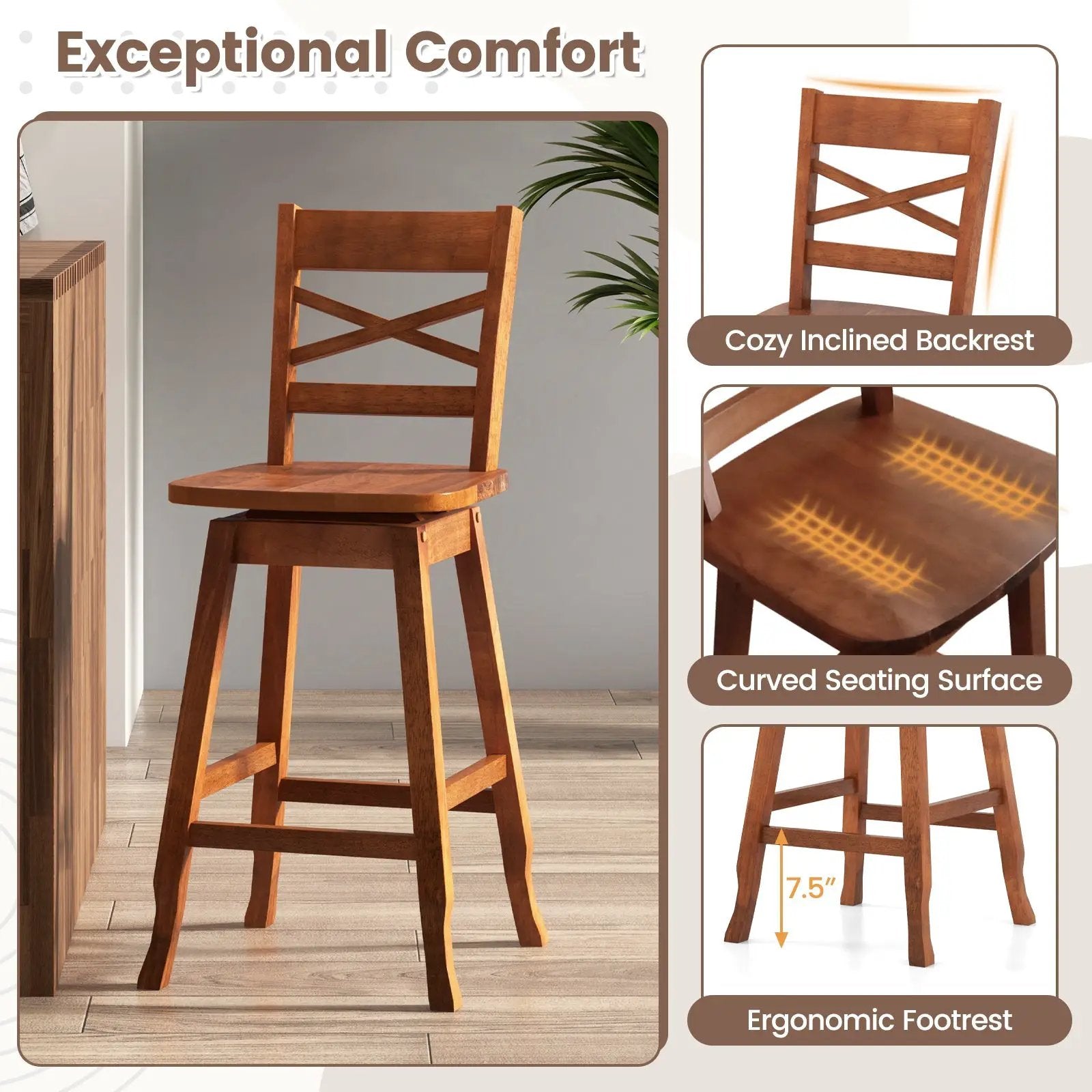 Swivel 24-Inch Counter Height Stool Set of 2 with Inclined Backrest by DirectDeals