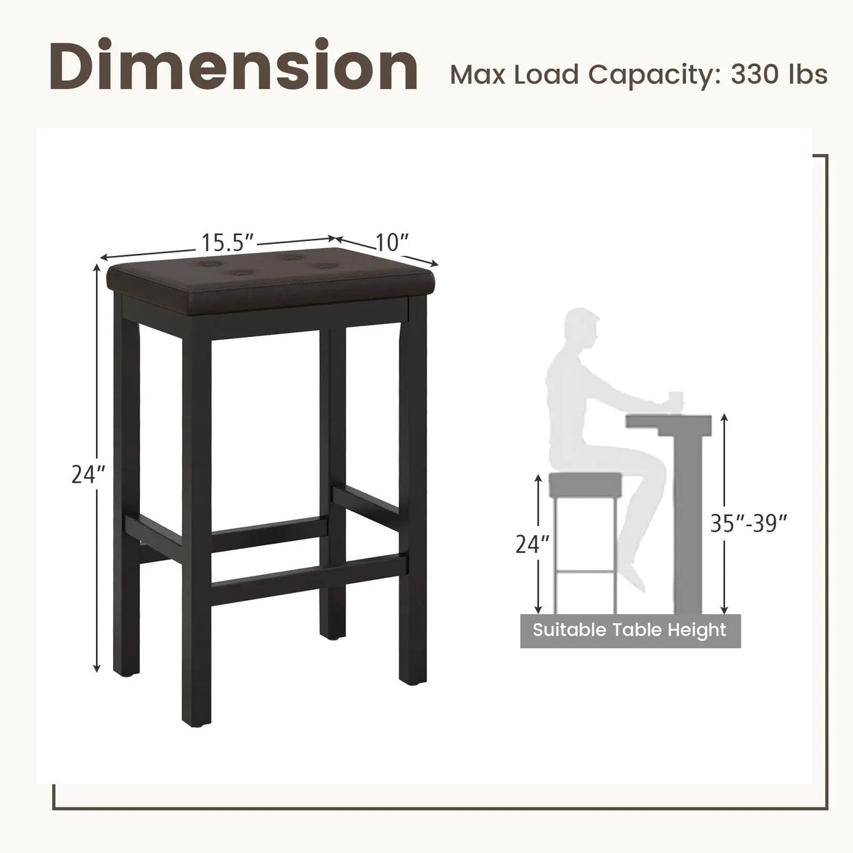 24 Inch Bar Stools with Padded Seat Footrest and Rubber Wood Frame, photo 4 of 9