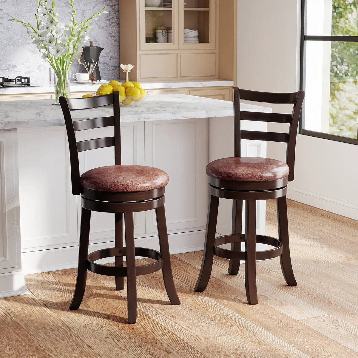 Counter Height Swivel Barstools Set of 2 with Faux Leather Seat and Wrap-around Footrest, photo 2 of 16