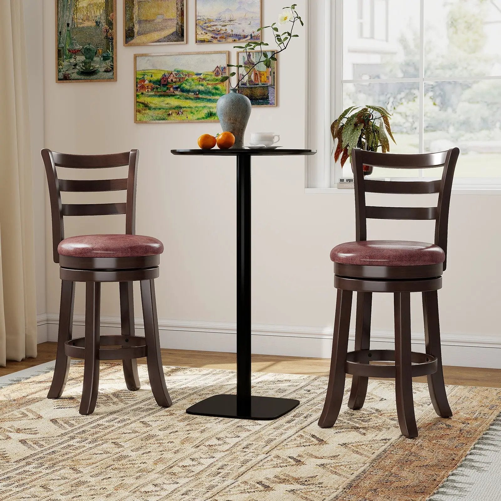 Counter Height Swivel Barstools Set of 2 with Faux Leather Seat and Wrap-around Footrest by DirectDeals