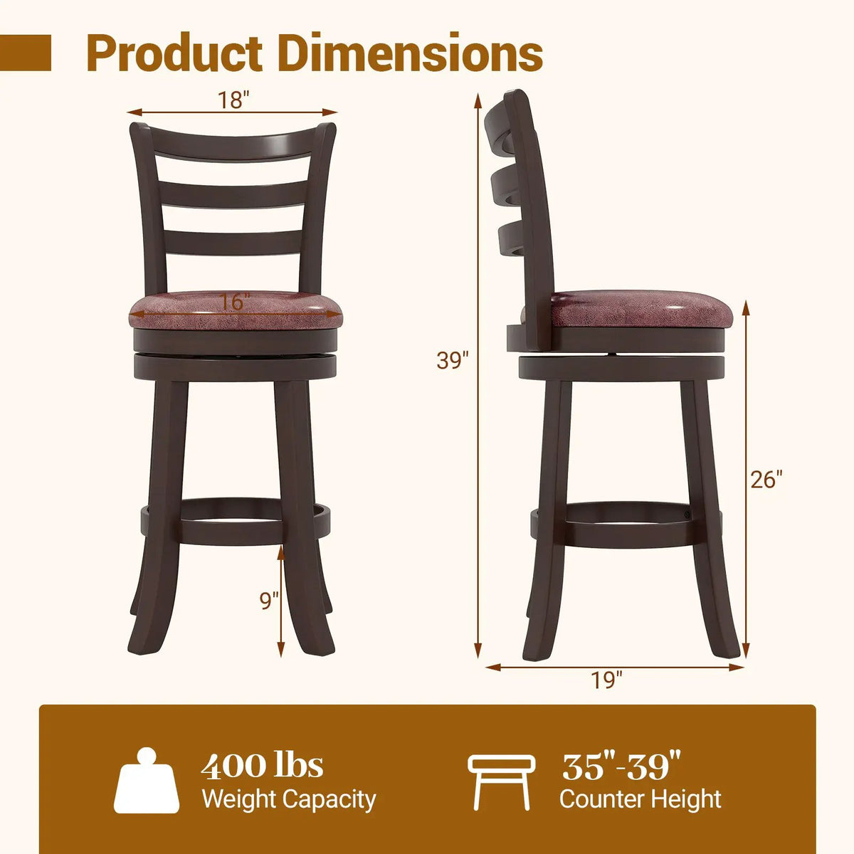 Counter Height Swivel Barstools Set of 2 with Faux Leather Seat and Wrap-around Footrest, photo 10 of 16