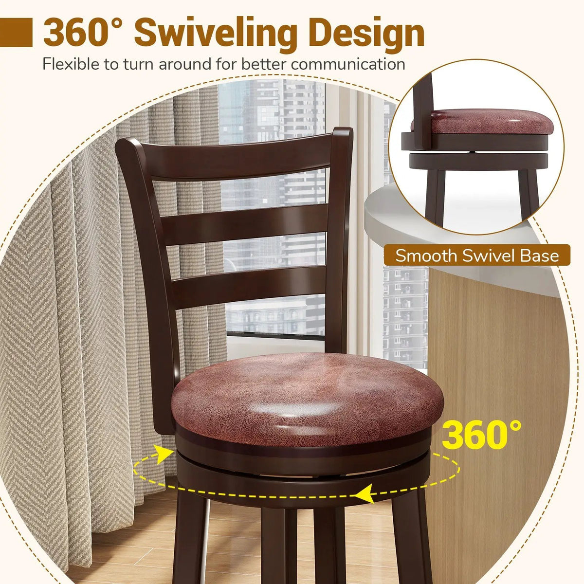 Counter Height Swivel Barstools Set of 2 with Faux Leather Seat and Wrap-around Footrest, photo 12 of 16