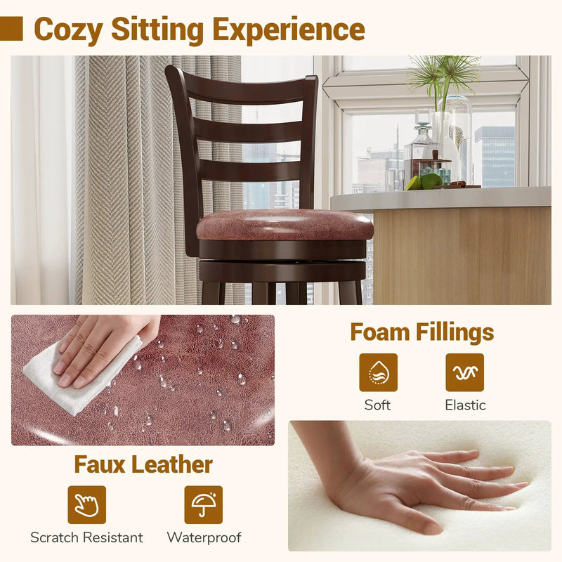 Counter Height Swivel Barstools Set of 2 with Faux Leather Seat and Wrap-around Footrest by DirectDeals