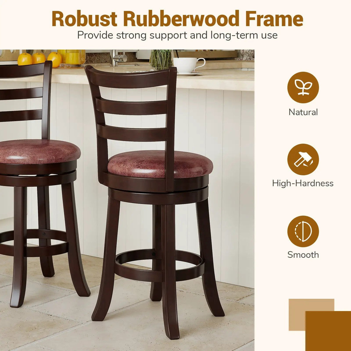 Counter Height Swivel Barstools Set of 2 with Faux Leather Seat and Wrap-around Footrest, photo 16 of 16
