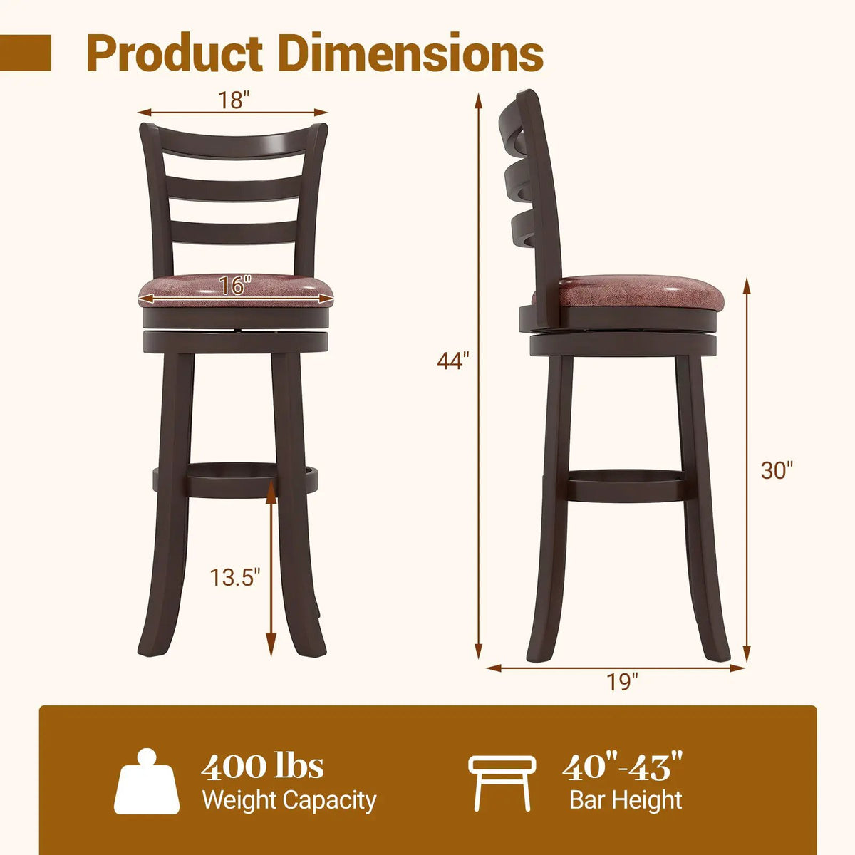Counter Height Swivel Barstools Set of 2 with Faux Leather Seat and Wrap-around Footrest, photo 9 of 16