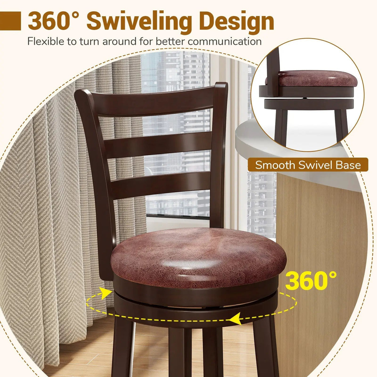 Counter Height Swivel Barstools Set of 2 with Faux Leather Seat and Wrap-around Footrest, photo 11 of 16