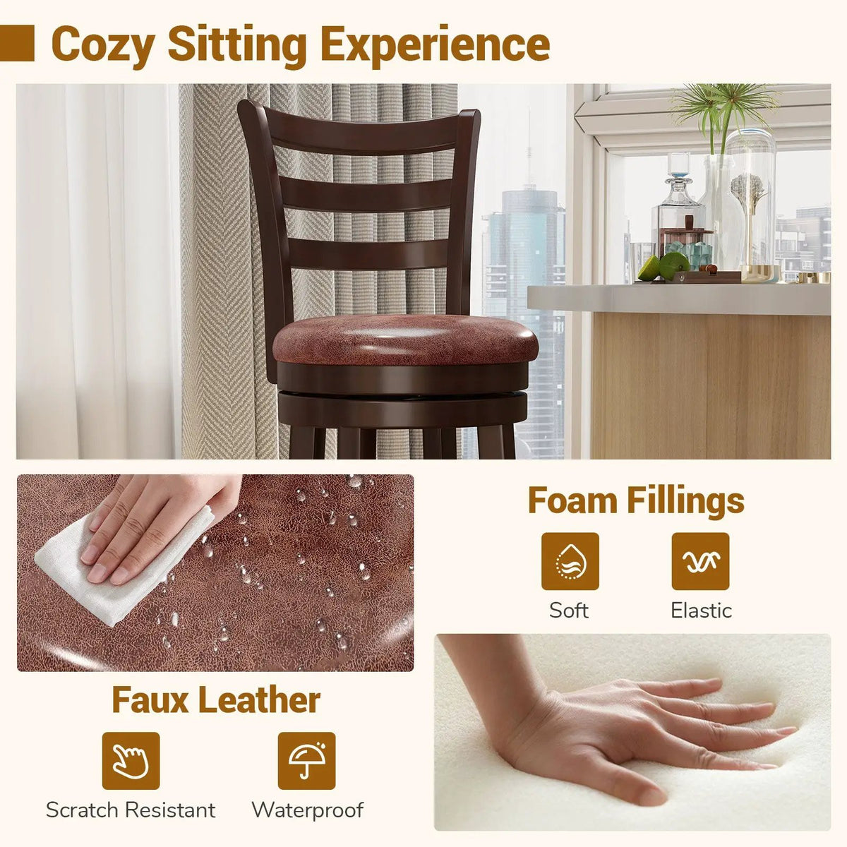Counter Height Swivel Barstools Set of 2 with Faux Leather Seat and Wrap-around Footrest, photo 13 of 16