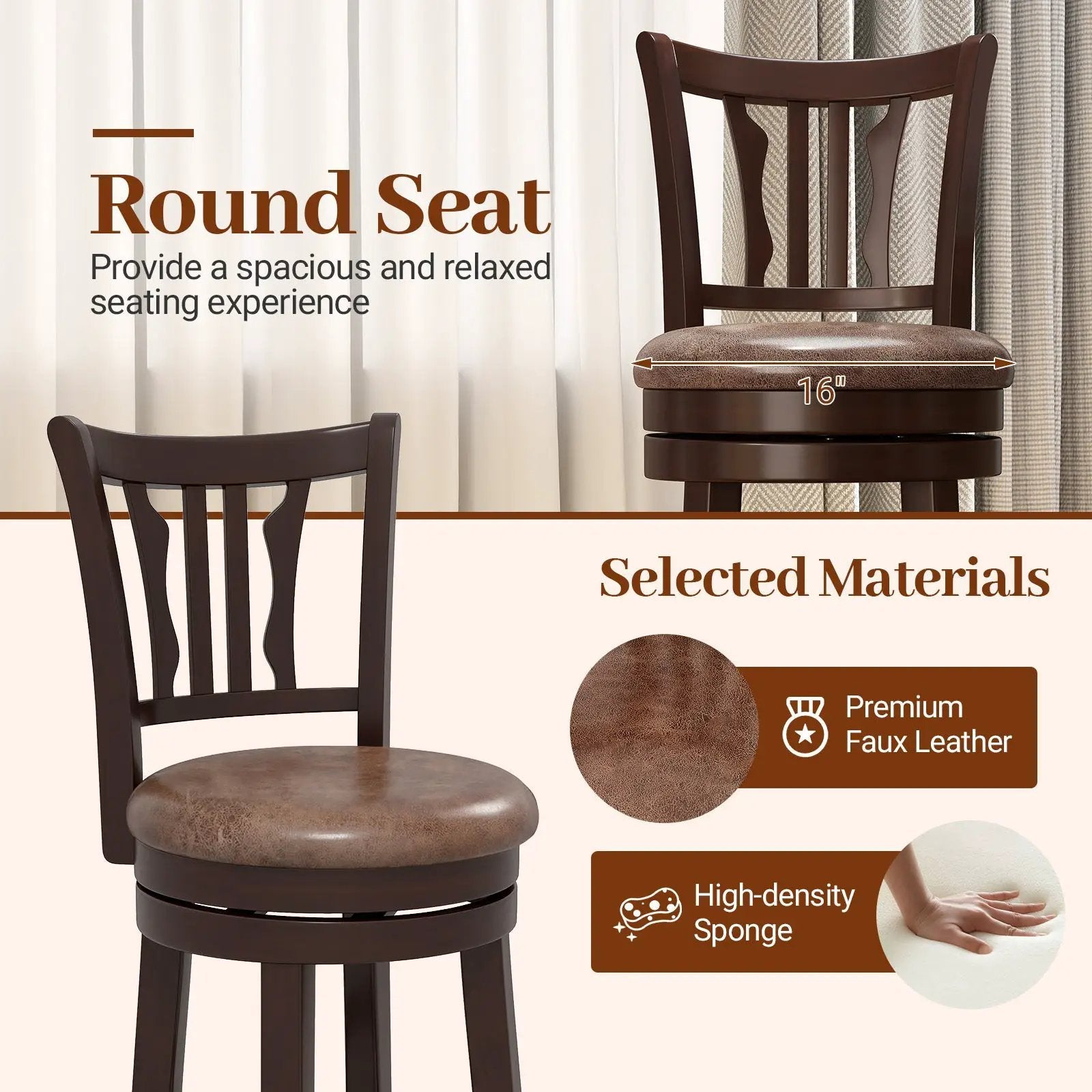 Counter Height Swivel Bar Stools Set of 2 with Back and Solid Rubber Frame by DirectDeals