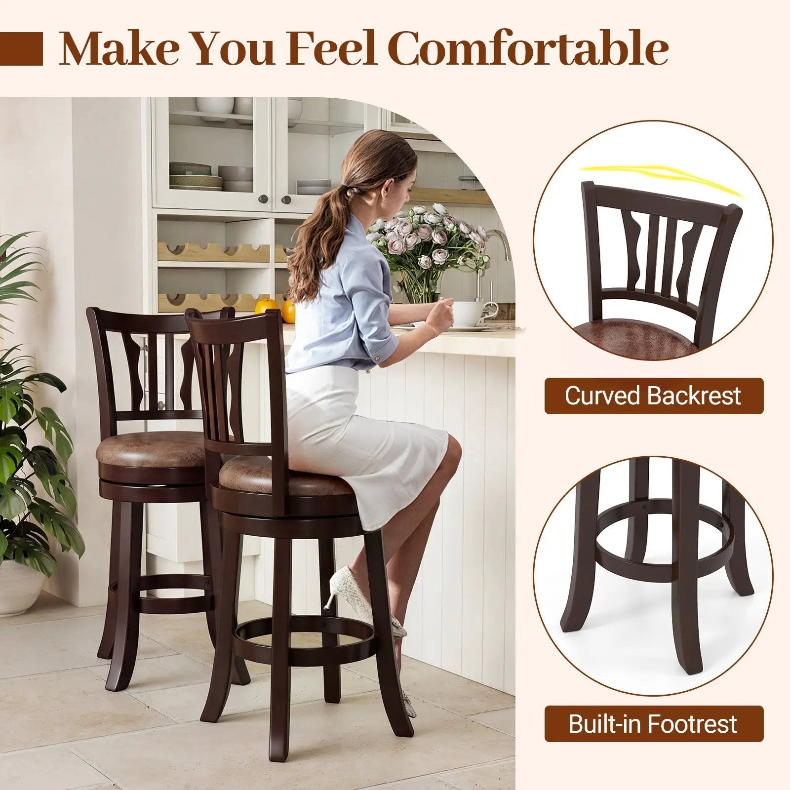 Counter Height Swivel Bar Stools Set of 2 with Back and Solid Rubber Frame by DirectDeals