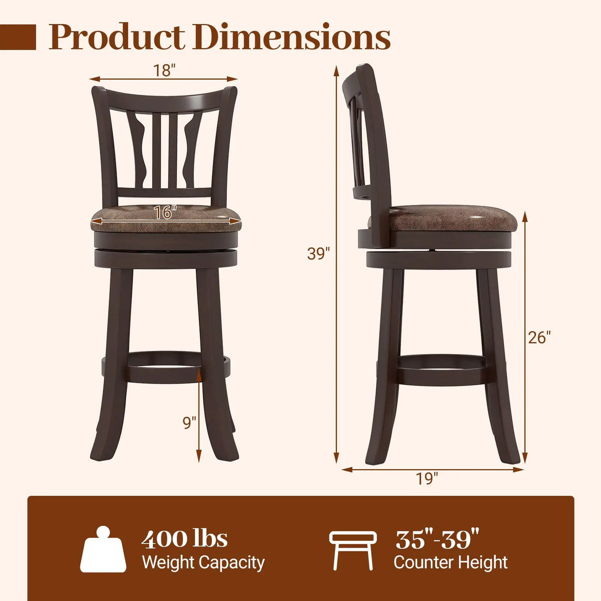 Counter Height Swivel Bar Stools Set of 2 with Back and Solid Rubber Frame, photo 8 of 16