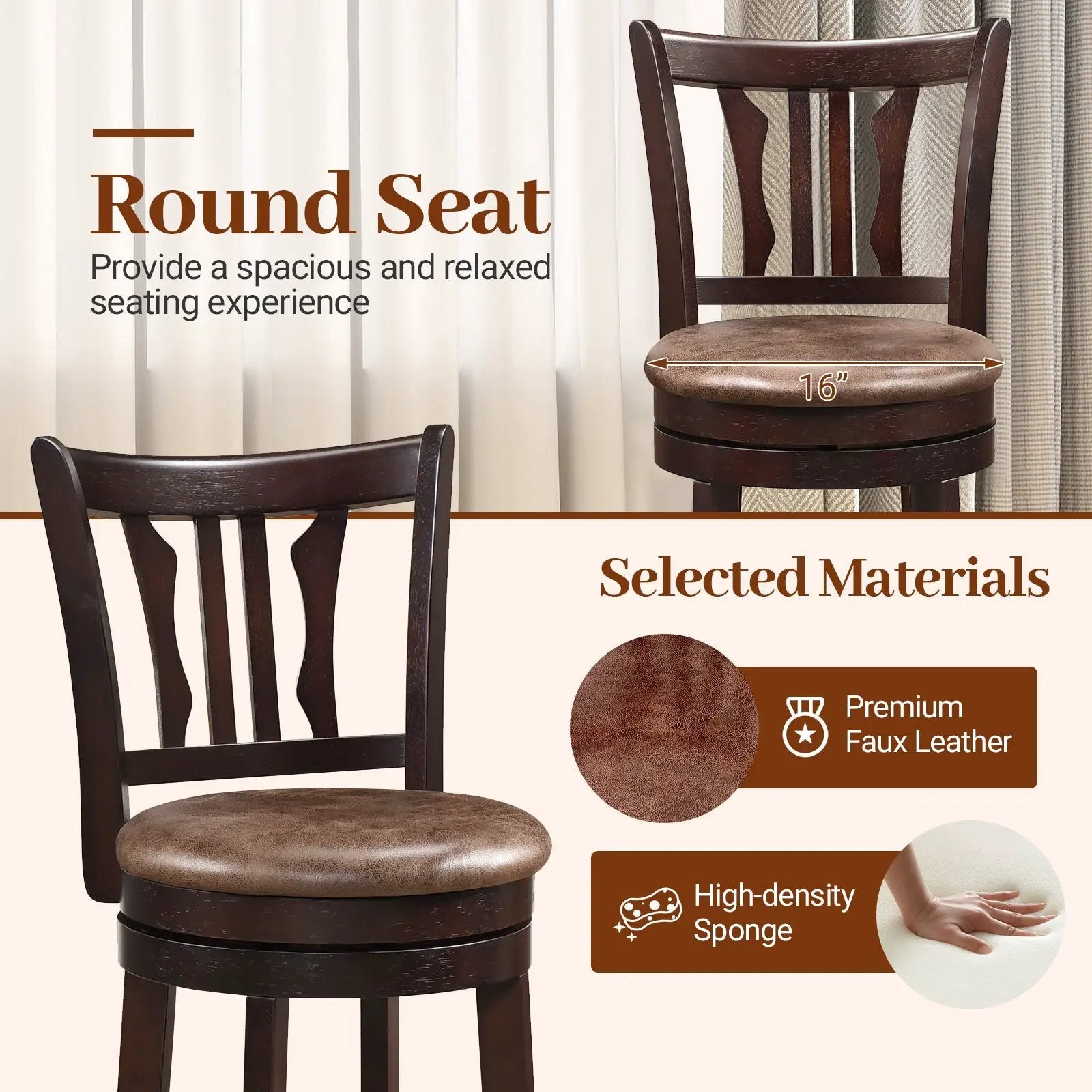 Counter Height Swivel Bar Stools Set of 2 with Back and Solid Rubber Frame by DirectDeals