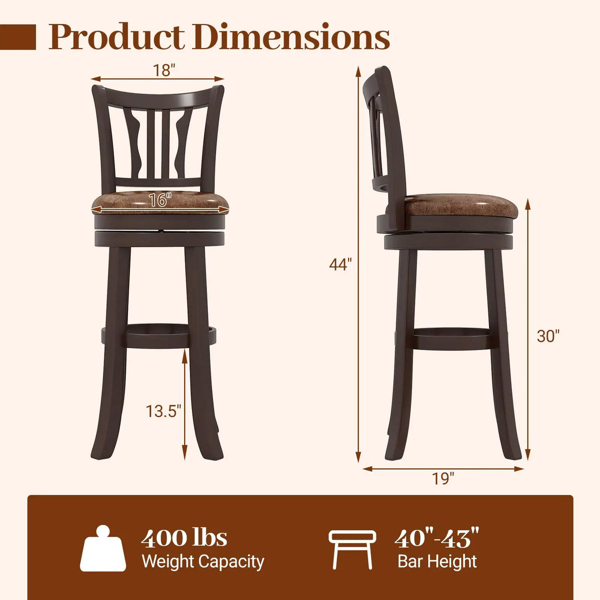Counter Height Swivel Bar Stools Set of 2 with Back and Solid Rubber Frame, photo 7 of 16