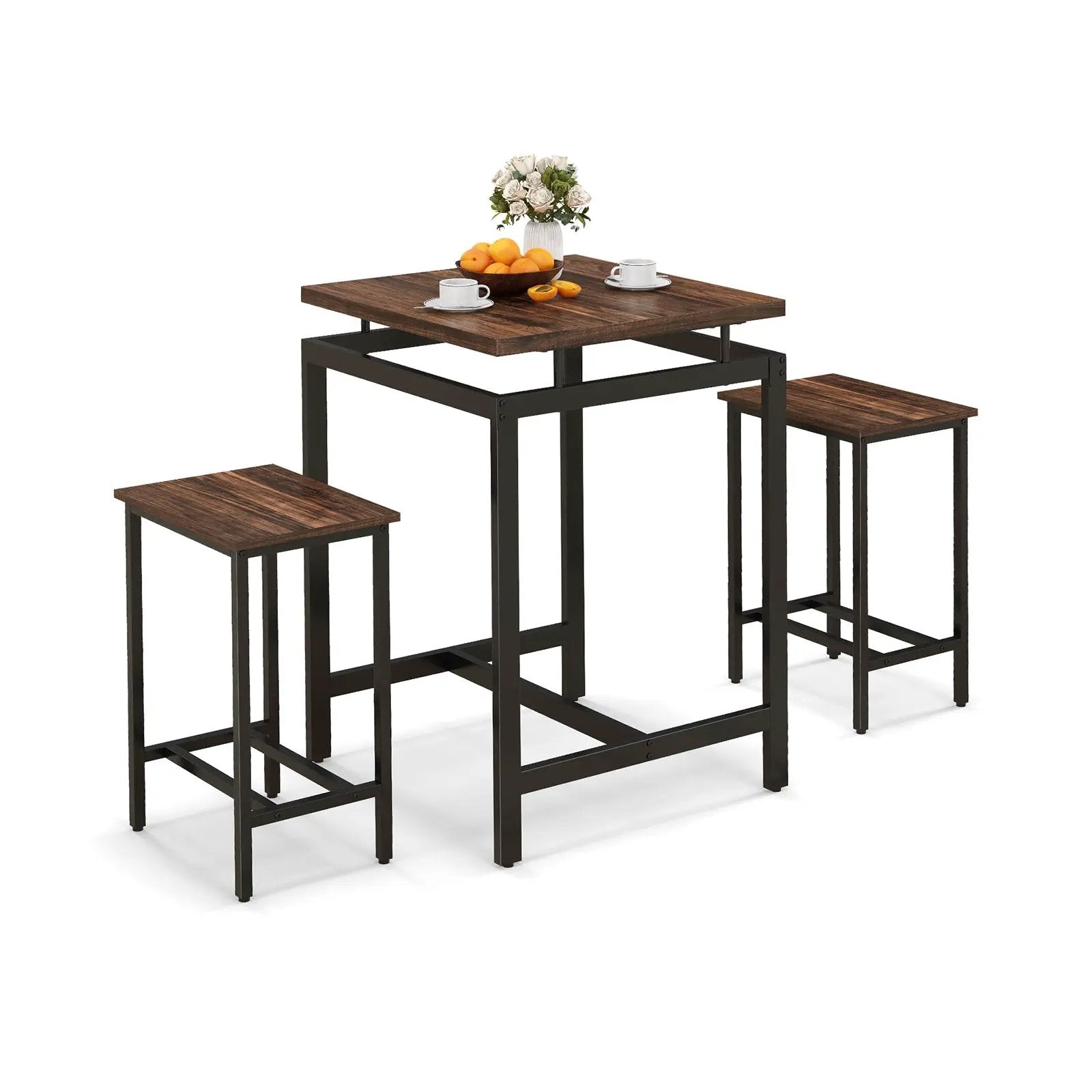 3 Pieces Pub Dining Table Set with Floating Tabletop and Footrest-Rustic Brown by DirectDeals