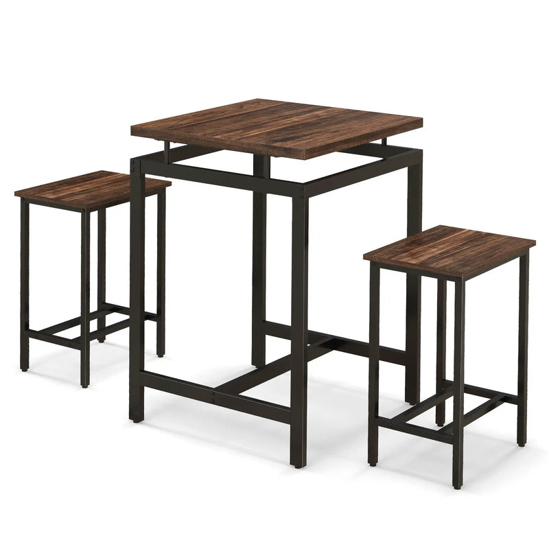3 Pieces Pub Dining Table Set with Floating Tabletop and Footrest-Rustic Brown by DirectDeals