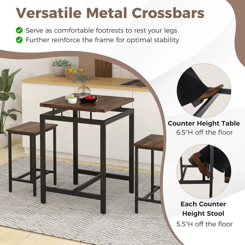 3 Pieces Pub Dining Table Set with Floating Tabletop and Footrest-Rustic Brown by DirectDeals