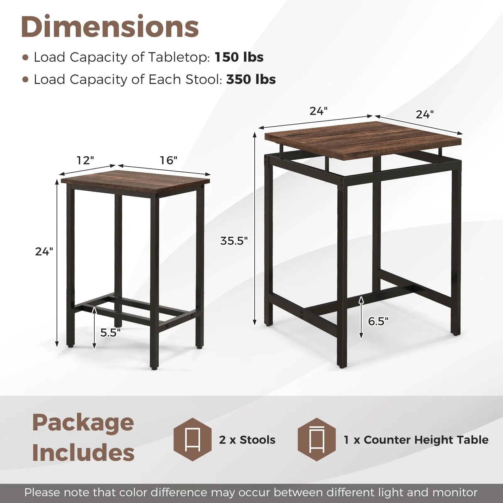 3 Pieces Pub Dining Table Set with Floating Tabletop and Footrest-Rustic Brown by DirectDeals