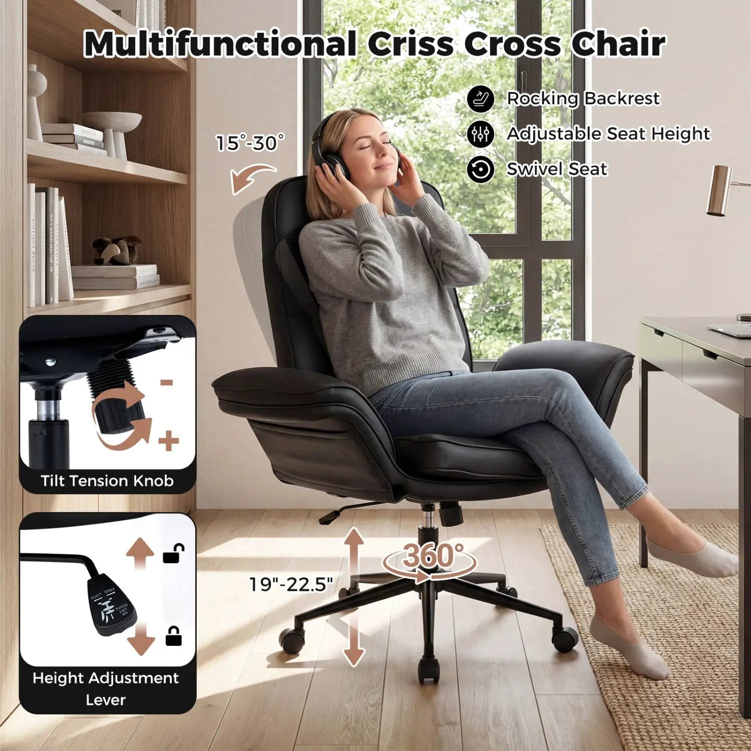 Criss Cross Chair Adjustable Swivel Vanity Chair with 5-Position Armrests by DirectDeals