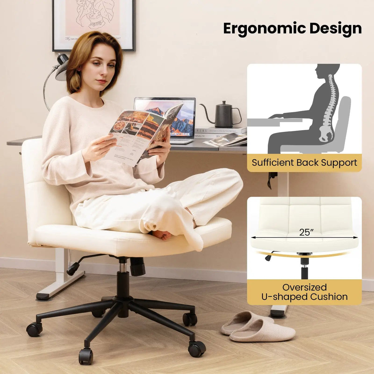 Height-adjustable Armless Desk Chair with Wheels for Home Office Make Up, photo 6 of 9