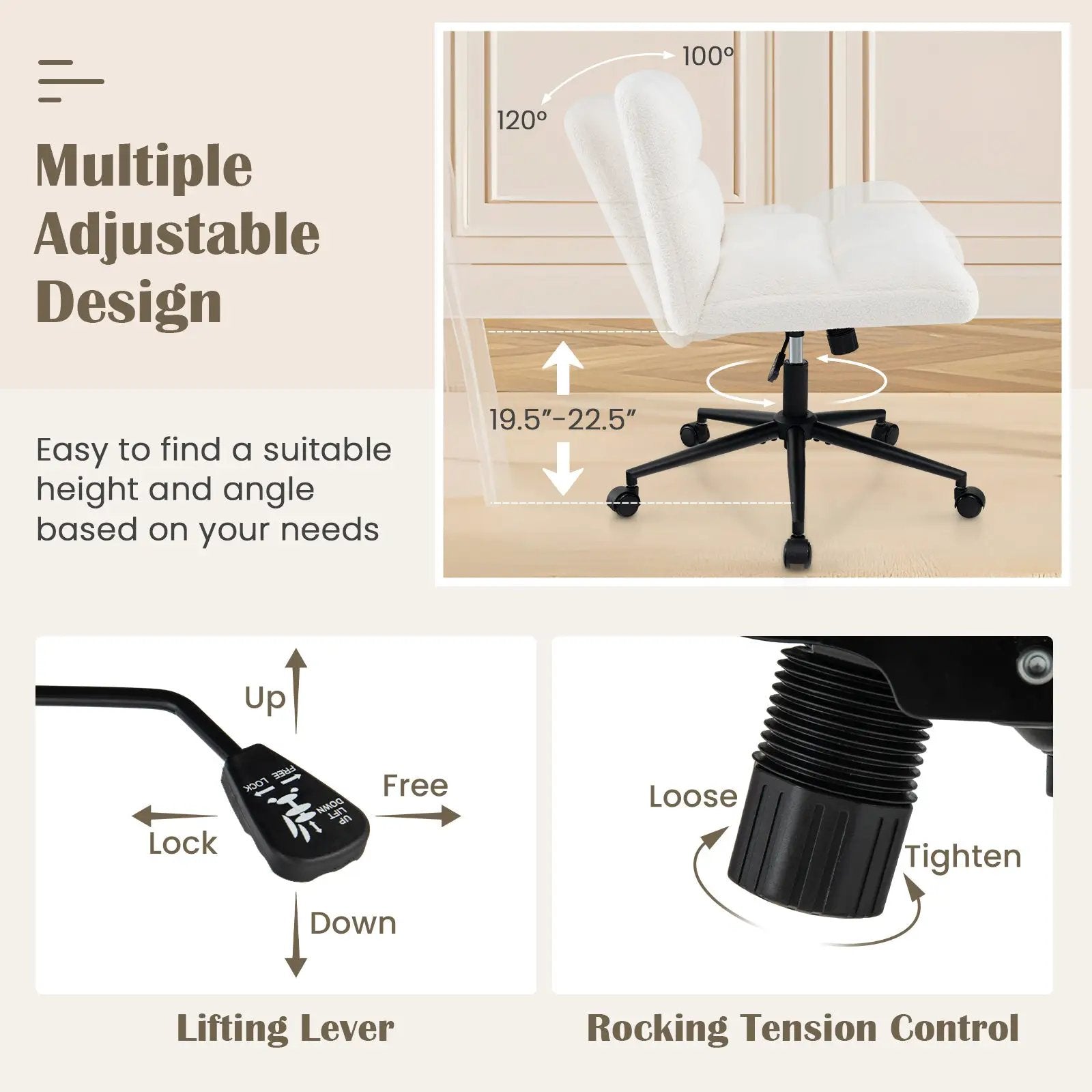 Cross Legged Chair with Wheels with Padded Seat Adjustable Height for Bedroom Study-Beige by DirectDeals
