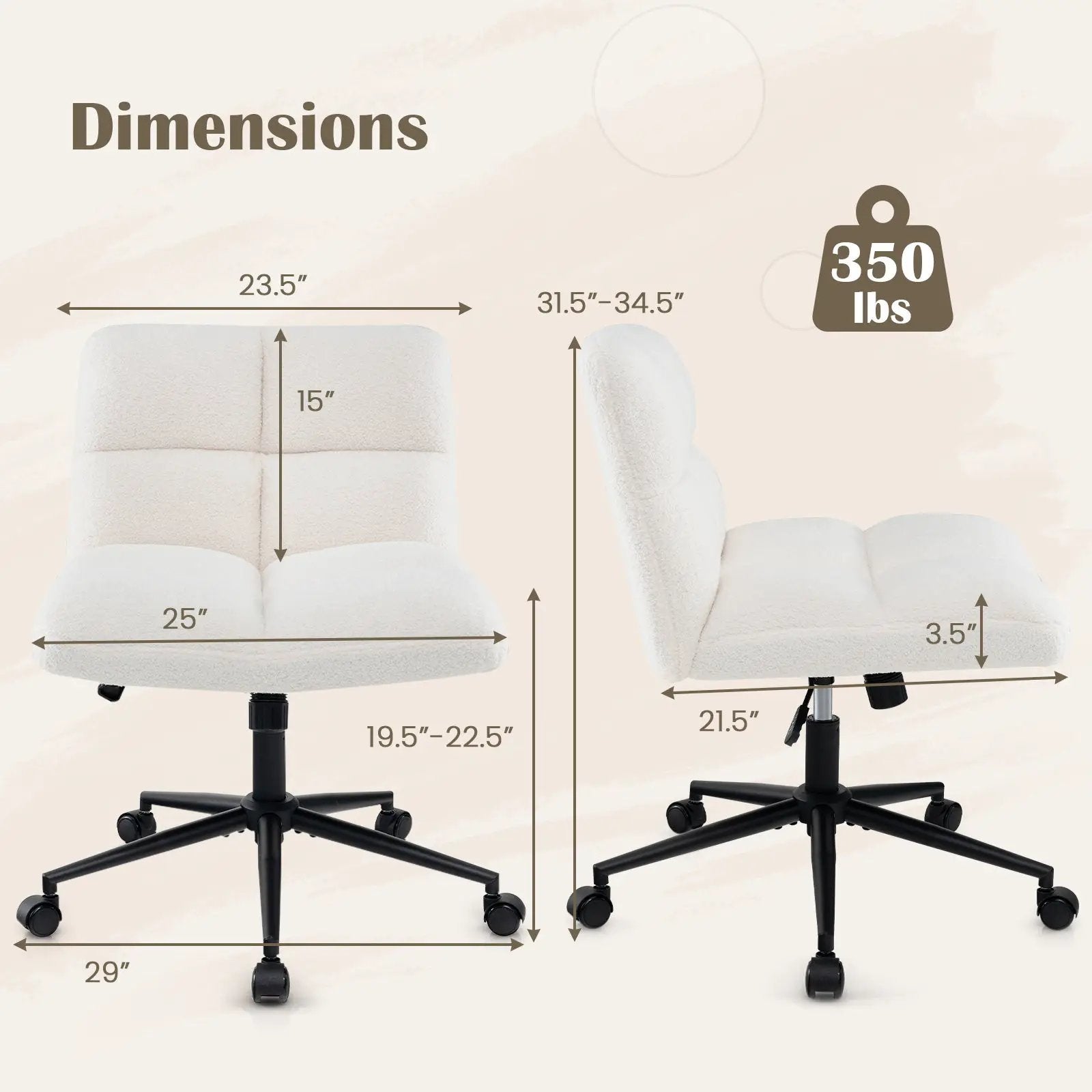 Cross Legged Chair with Wheels with Padded Seat Adjustable Height for Bedroom Study-Beige by DirectDeals
