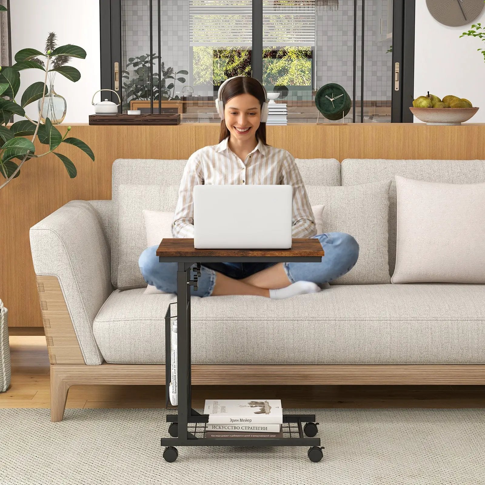 C-shape Sofa Side Table with Storage Basket-Rustic Brown by DirectDeals