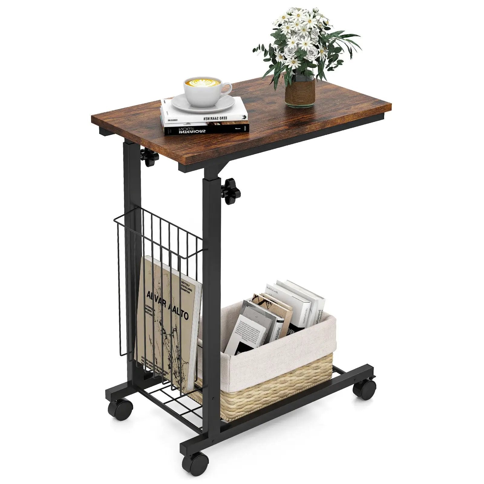C-shape Sofa Side Table with Storage Basket-Rustic Brown by DirectDeals