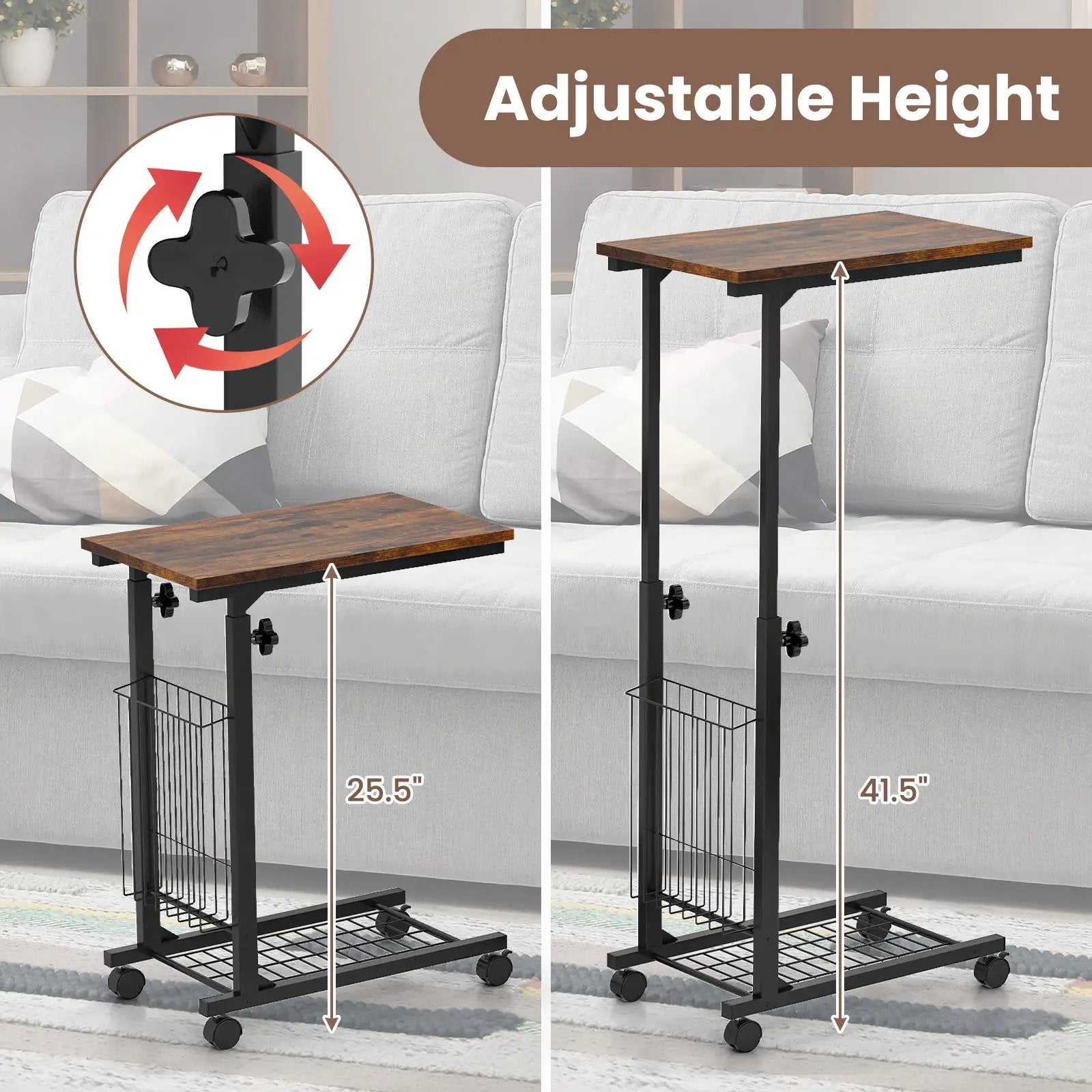 C-shape Sofa Side Table with Storage Basket-Rustic Brown by DirectDeals