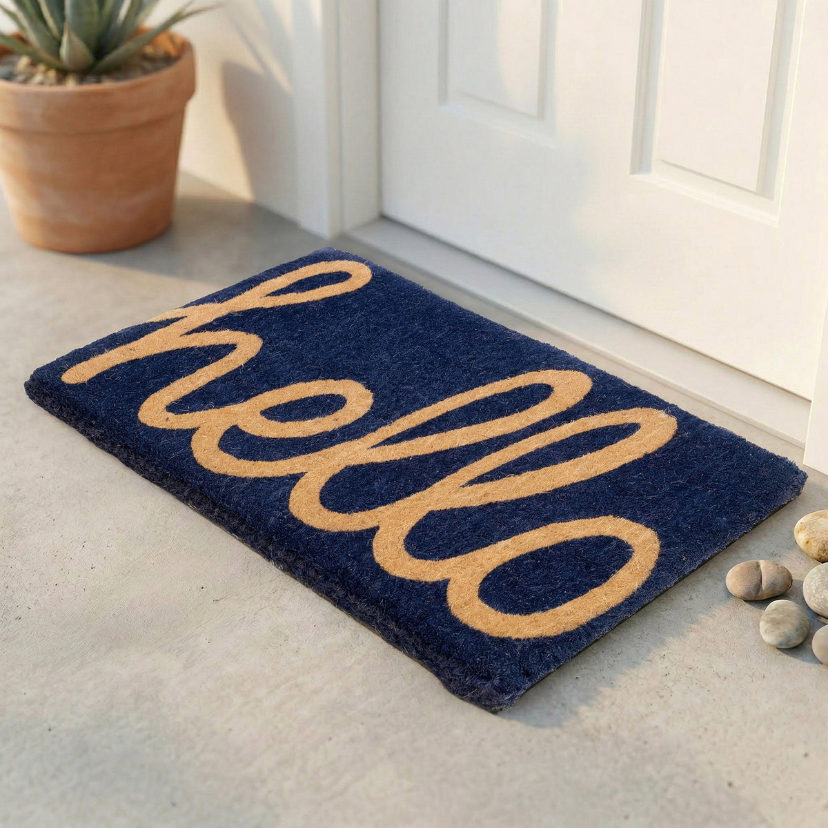 Cursive Hello Dark Blue Coir Doormat