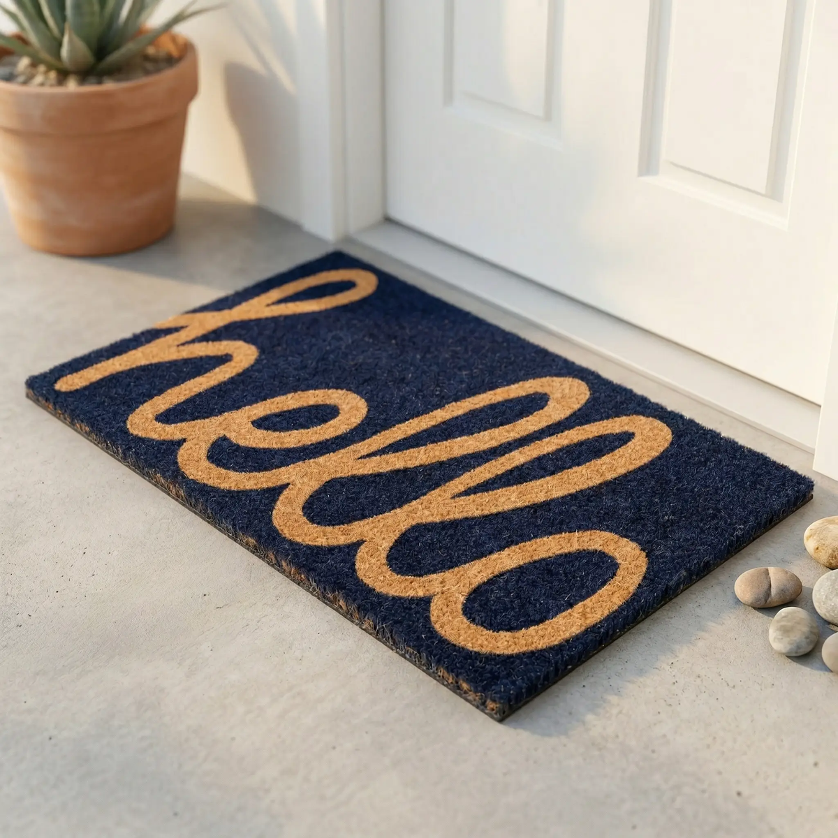 Cursive Hello Doormat Handwoven, Durable - Dark Blue, photo 4 of 21