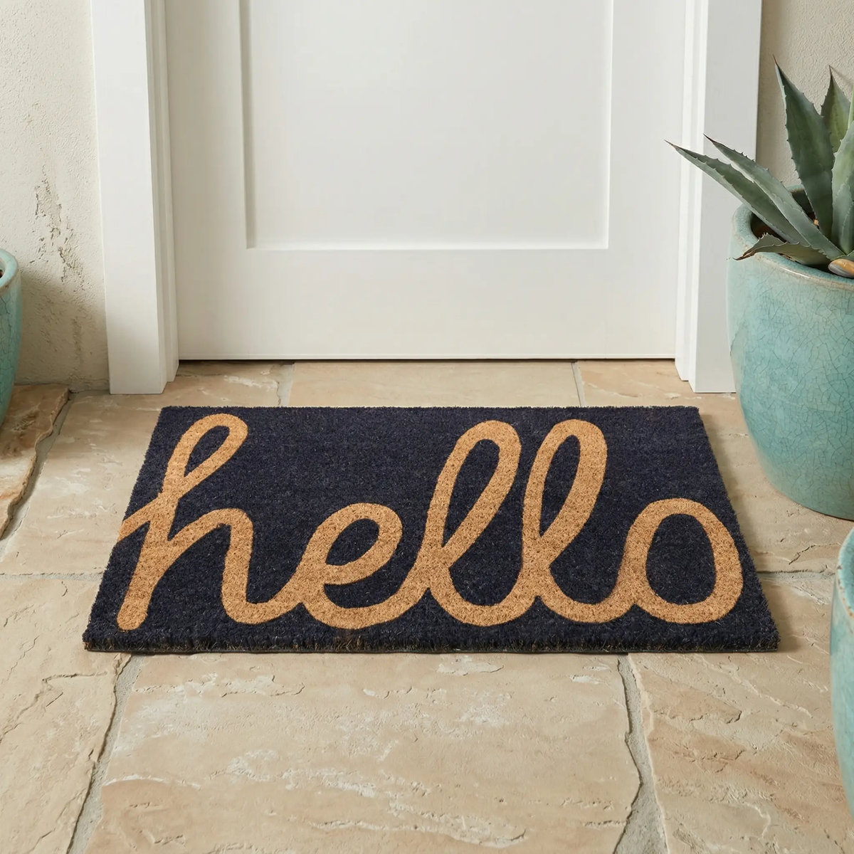 Cursive Hello Doormat Handwoven, Durable - Dark Blue, photo 7 of 21