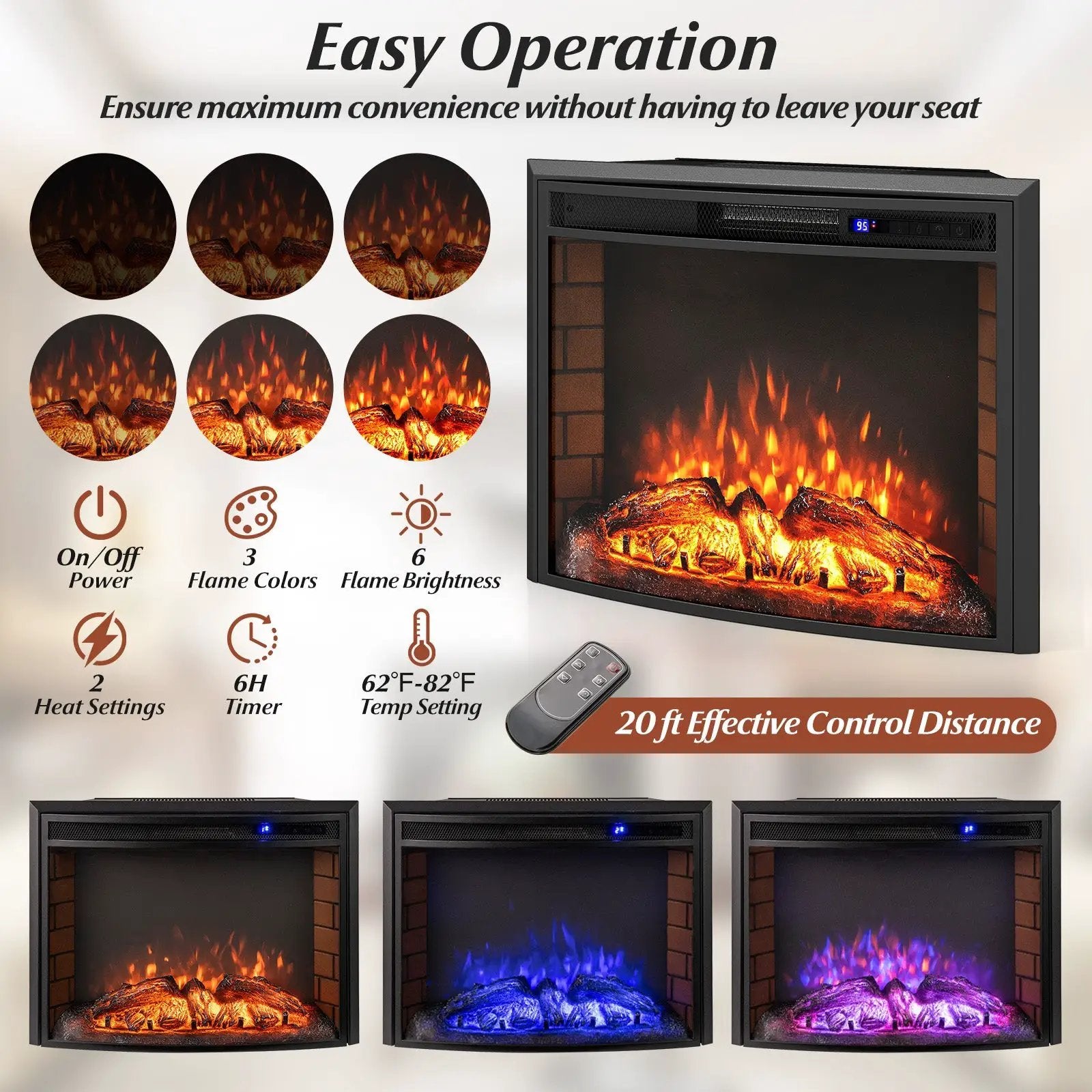 Curved Recessed Electric Fireplace Insert with Remote Control and Overheat Protection-26 Inch by DirectDeals