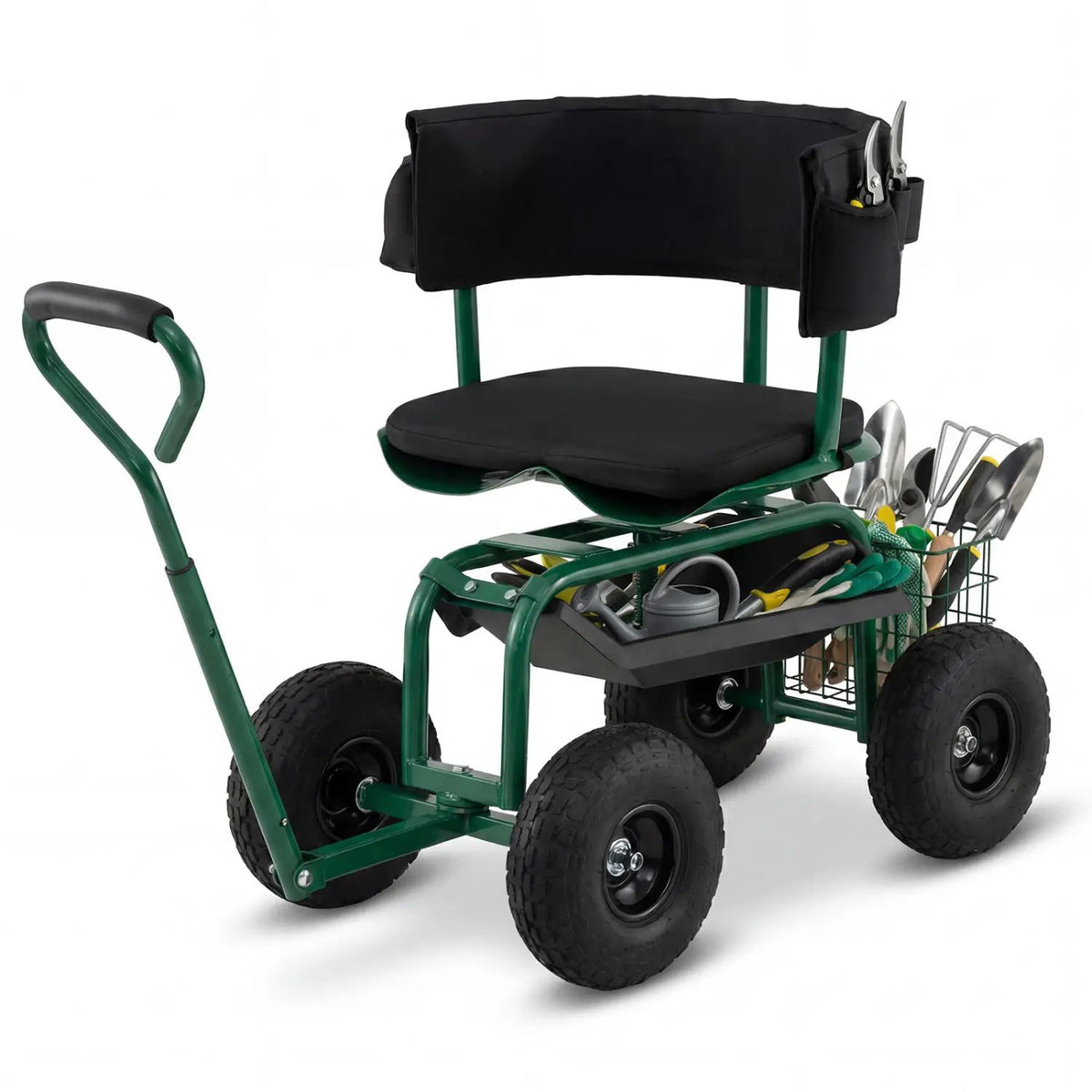 Cushioned Rolling Garden Cart Scooter with Storage Basket and Tool Pouch, photo 9 of 10