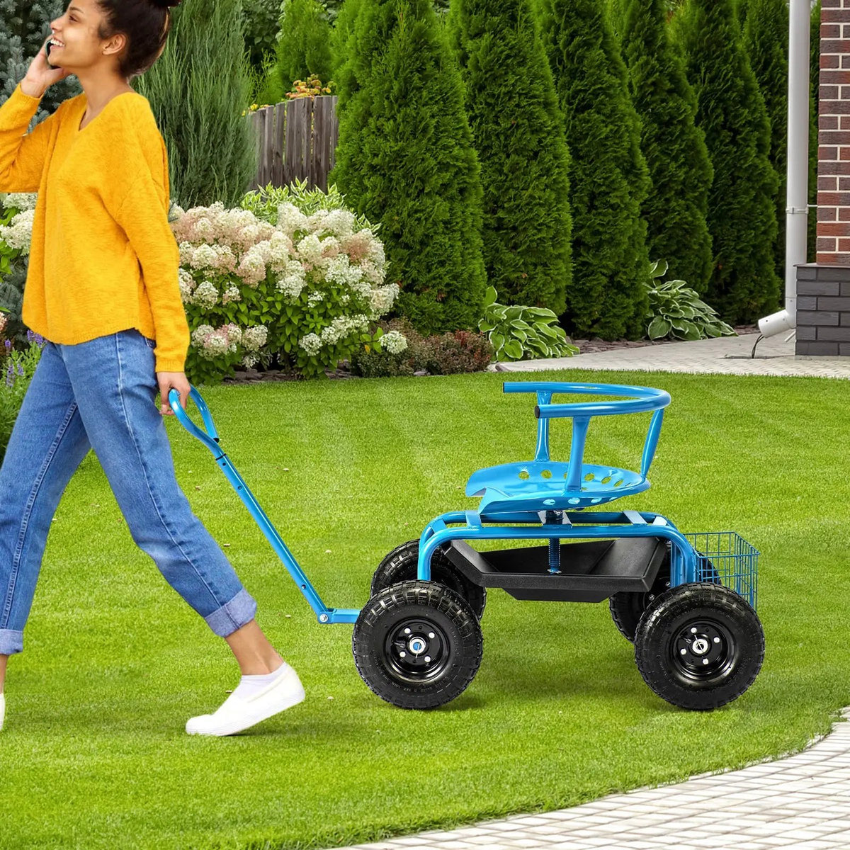 Cushioned Rolling Garden Cart Scooter with Storage Basket and Tool Pouch, photo 2 of 10