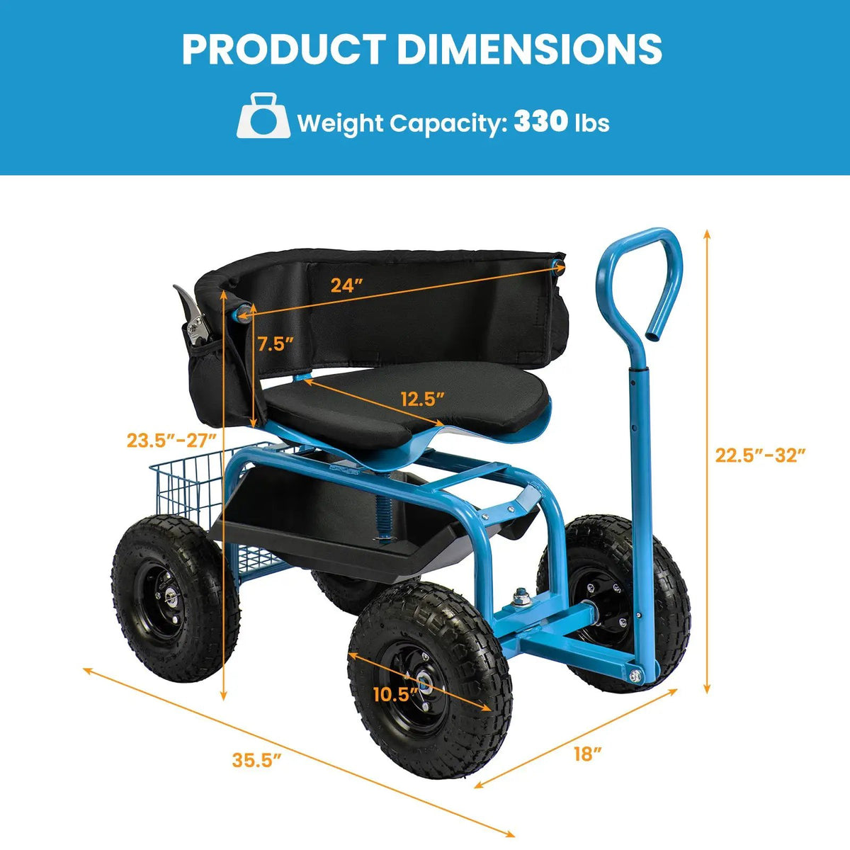 Cushioned Rolling Garden Cart Scooter with Storage Basket and Tool Pouch, photo 5 of 10