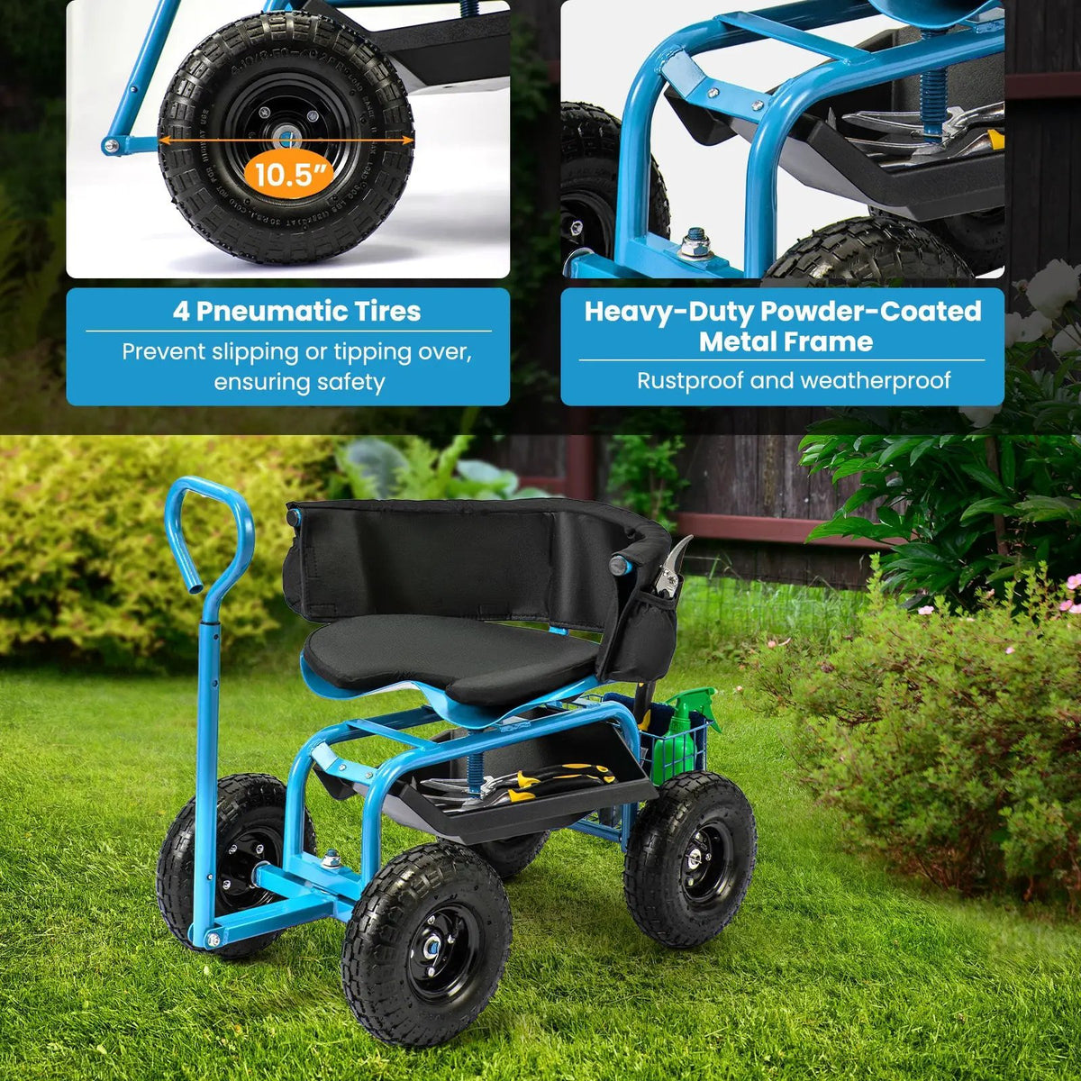 Cushioned Rolling Garden Cart Scooter with Storage Basket and Tool Pouch, photo 6 of 10