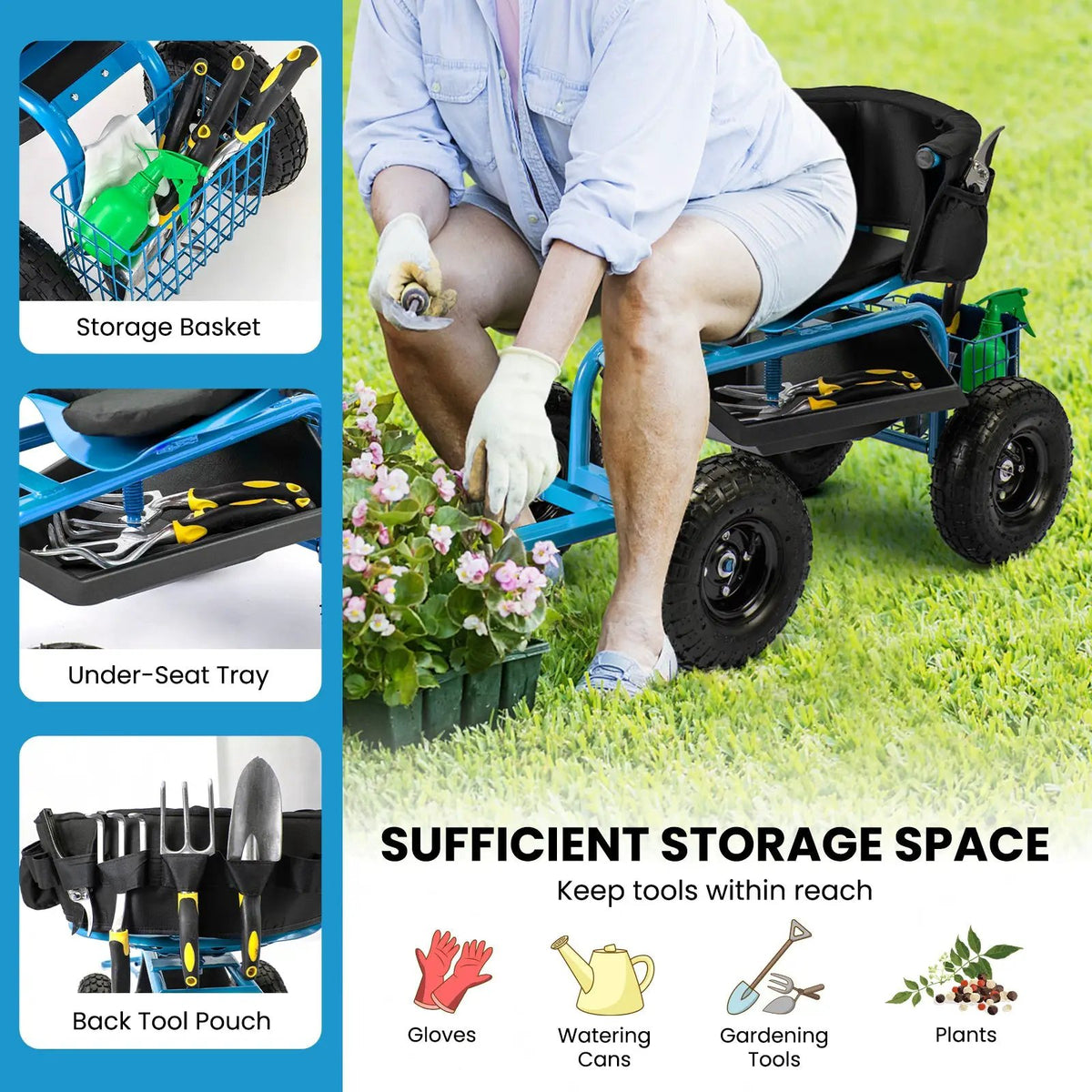 Cushioned Rolling Garden Cart Scooter with Storage Basket and Tool Pouch, photo 7 of 10