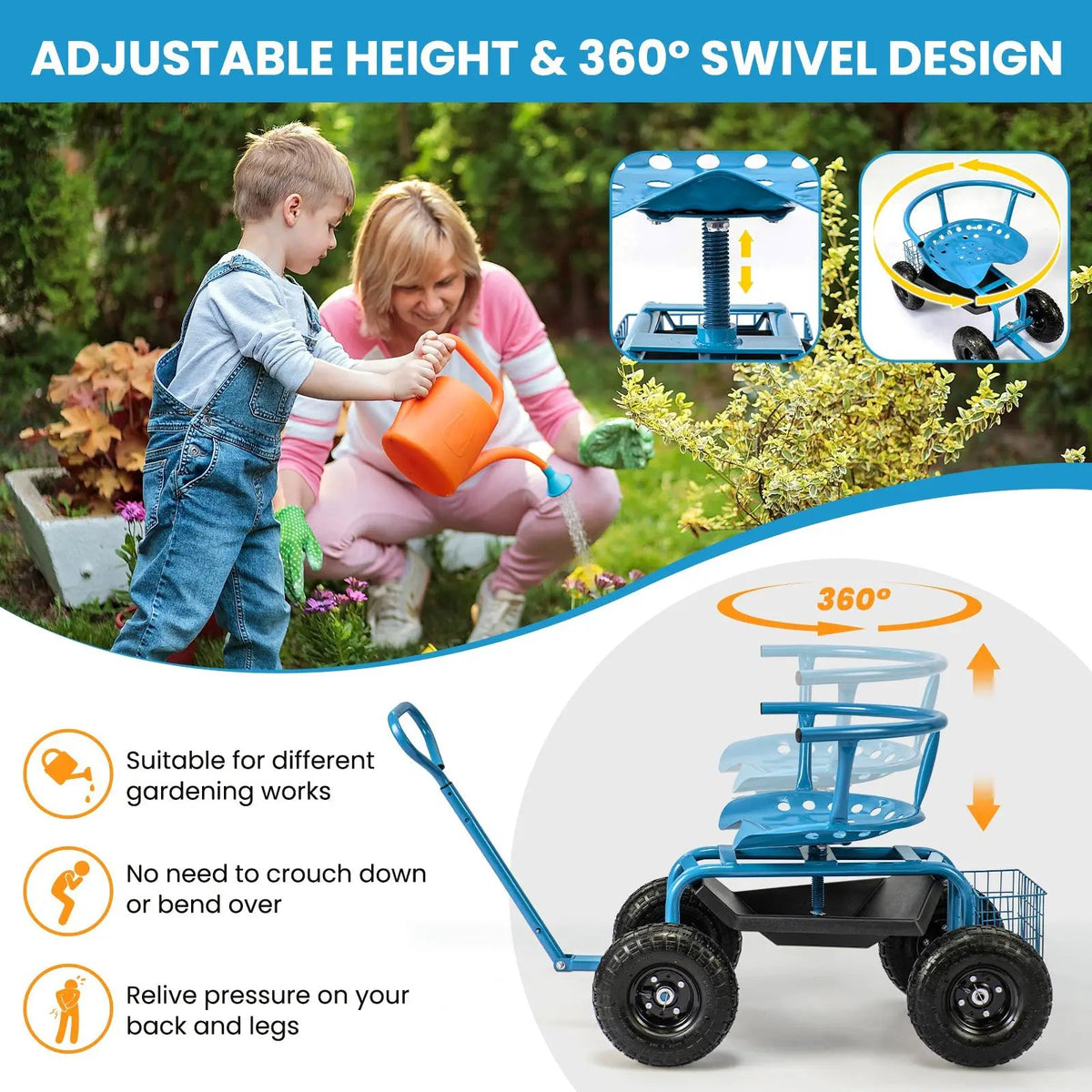 Cushioned Rolling Garden Cart Scooter with Storage Basket and Tool Pouch, photo 8 of 10