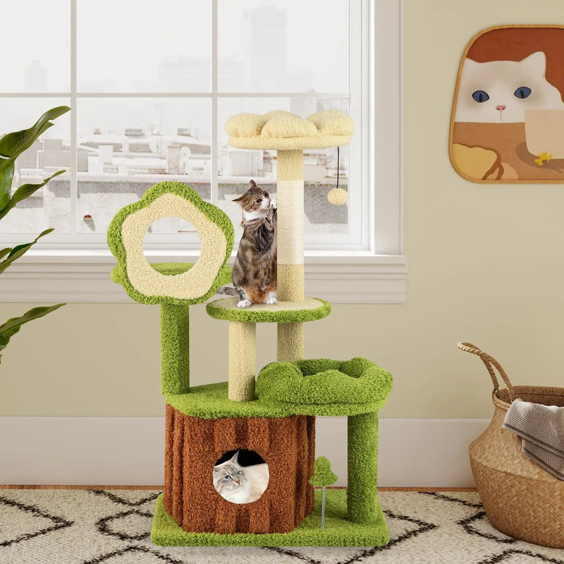 Cute Cat Tree for Adult Cats Multi-level Kitty Tower with Trunk Condo-Green by DirectDeals
