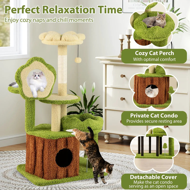 Cute Cat Tree for Adult Cats Multi-level Kitty Tower with Trunk Condo-Green by DirectDeals