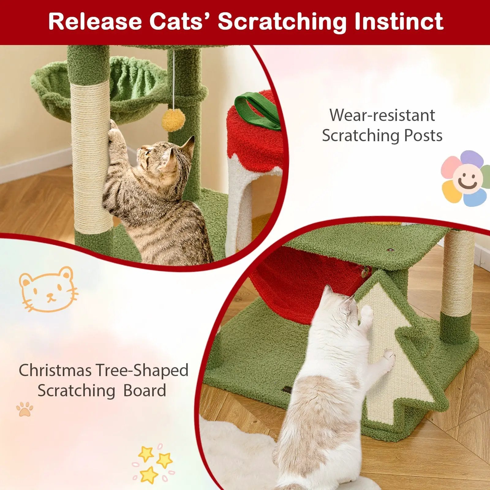 Cute Christmas Cat Tree with Sisal Scratching Posts and Gift Box Shaped Condo-Green by DirectDeals