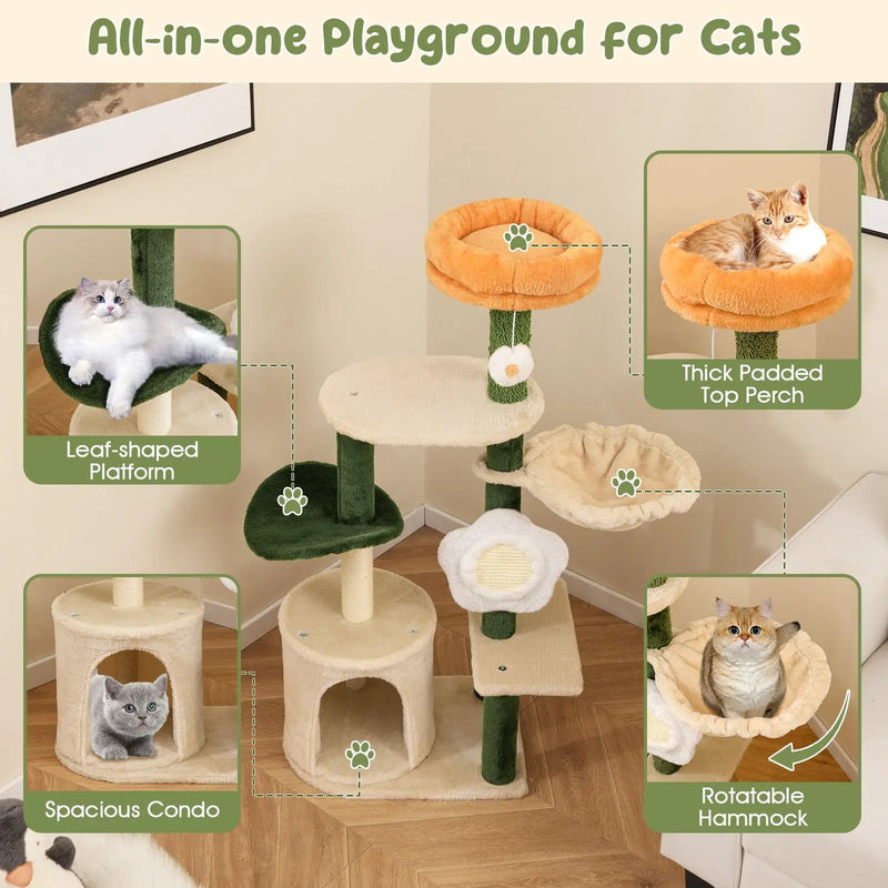 Cute Flower Cat Tree Modern Kitty Tower with Plush Top Perch-Multicolor by DirectDeals