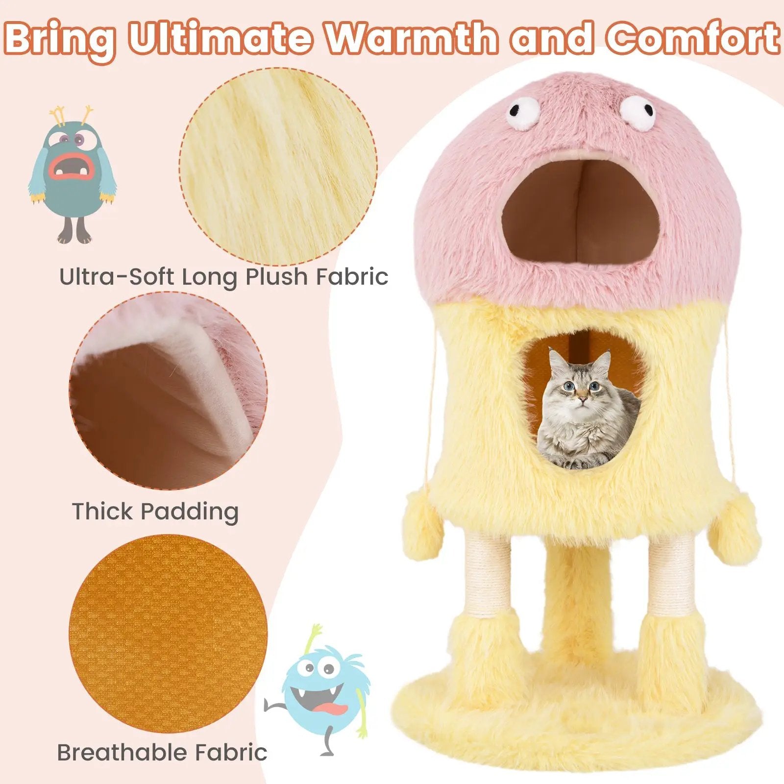 Cute Monster-Themed Cat Tower with 2 Private Condos and 3-Level Activity Center-Yellow by DirectDeals